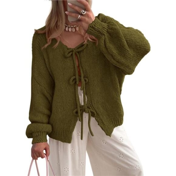 New With Tags Sweaters - NEW Women's Tie Front Bow Cardigan Sweaters Chunky Knit Long Puff Sleeve Trendy